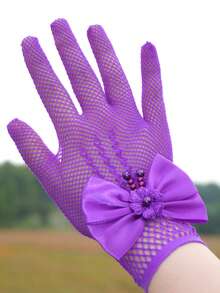 1 Pair Kids Lace Hollow Bow Princess Gloves (Suitable For Party And Holiday Events) - Dark Purple - View 9