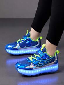 中性 LED 充電發光鞋，兒童滾輪溜冰鞋，多功能可變形直排溜冰鞋，適合四季，附可拆卸輪子，適合戶外與運動溜冰 - 藍色 - 查看 12