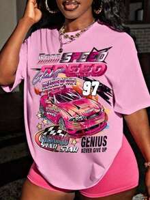 Ropa De MujerSpring Tops Women's Racing Pattern T-Shirt - Y2K Retro Racing Design Speed Text Print - Non-See-Through Loose Top, Suitable For Motorcycl - Pink - View 1