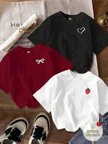 Set de 3 camisetas cortas de mujer de manga corta y cuello redondo con estampados minimalistas casuales de corazón, lazo y fresa - Multicolor 4 - Ver 1