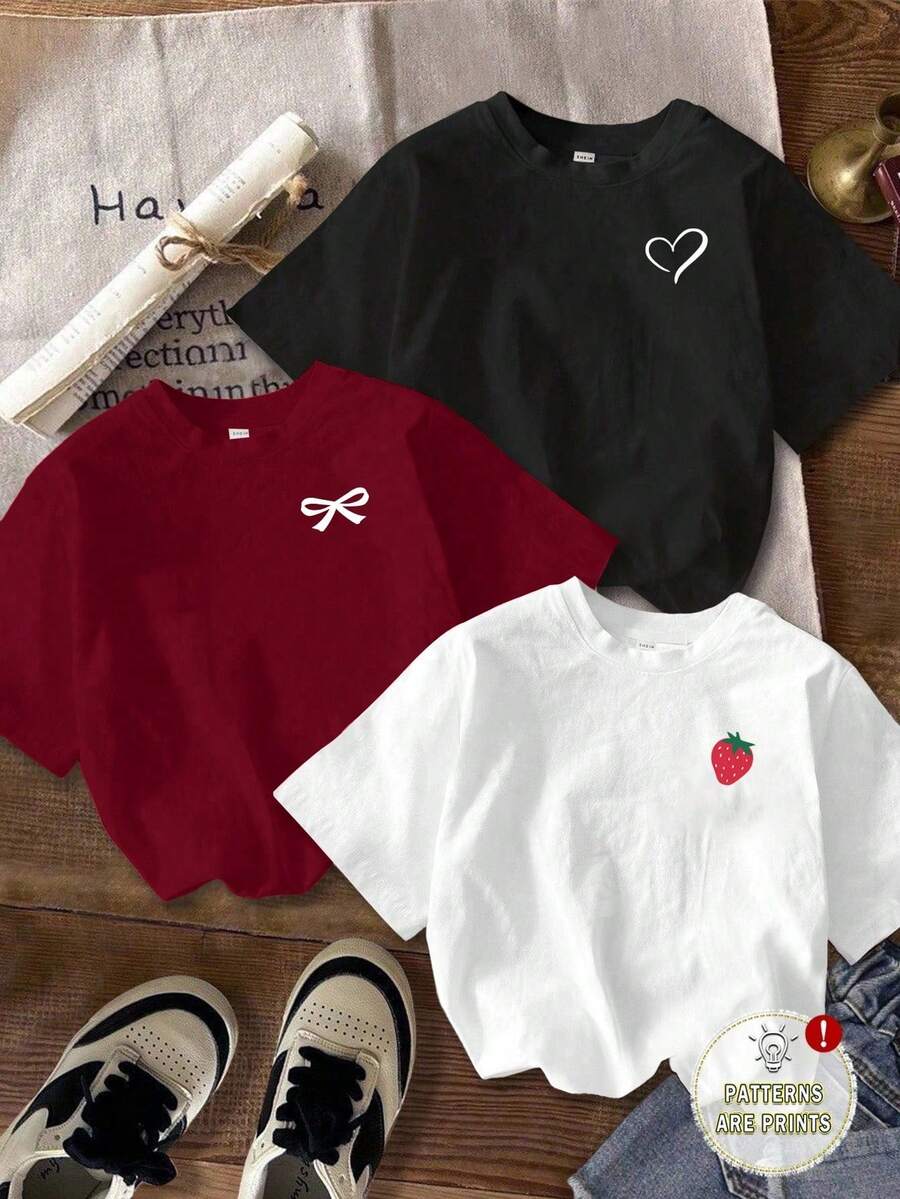 Set de 3 camisetas cortas de mujer de manga corta y cuello redondo con estampados minimalistas casuales de corazón, lazo y fresa - Multicolor 4 - Ver 1