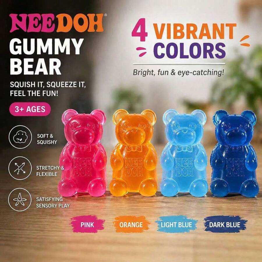 NeeDoh 1個麥芽糖熊捏捏紓壓玩具，可愛透明熊形DIY裝飾飾品玩具，緩解焦慮與ADHD的指尖玩具，理想的舒緩感官創意玩具，桌面裝飾與節日禮物