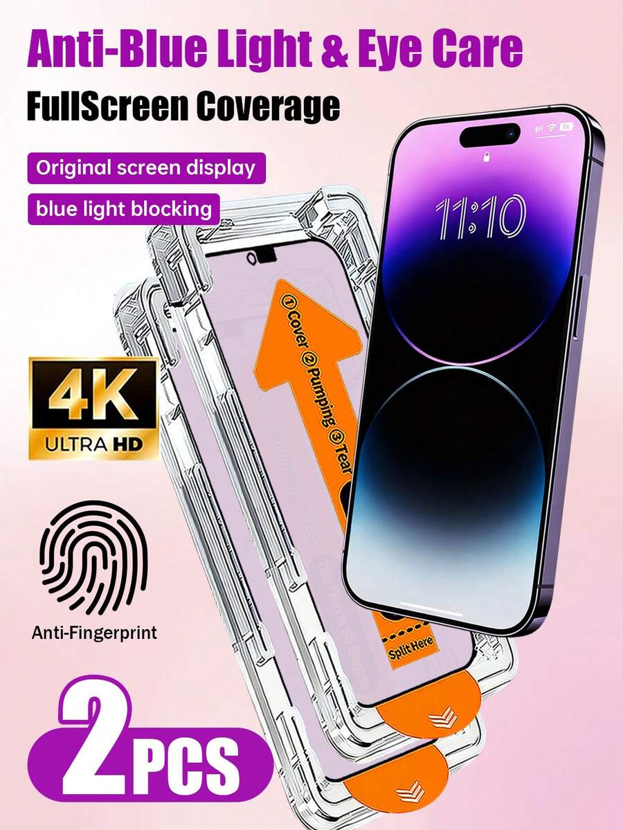 2pcs Full Coverage Anti-Blue Light Screen Protector With One-Click Dust-Free Installation Case, Compatible With 17 Pro Max/17 Pro/16/16 Plus/15 Pro/15/14/13/12/11/XR/XS Max | Ultra HD 9H Tempered Glass | Dynamic Island Compatible | Anti-Scratch Anti-Fingerprint | Compatible With Phone Case - Clear - View 1