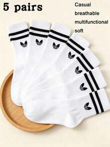 1/5 Pairs Unisex White Striped Mid-Calf Socks, Sports Casual Minimalist Comfortable Versatile Everyday Socks, Back To School Outfit, Suitable For All Seasons - White - View 8