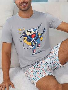 Conjunto de pijama masculino com top de manga curta com estampado de monstro de desenho animado da TV Rock & calções com estampado de salpicos de cor - Cinza claro - Ver 7