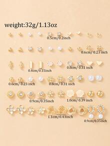 30 Pairs Fashion Minimalist Floral Unique Design Earring Set For Women, Exquisite Stud Earrings Suitable For Vacation And Beach Wear - Yellow Gold - View 5
