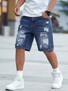 Traceable Cotton - European & American Men's Distressed Denim Shorts - Blue - View 10