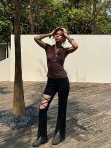 Damen Sommer Hohe Taille Schlaghose mit Cut-Out-Bein, Schnürdesign, Reißverschluss-Schlitz, Nischenstil lange Hose - Schwarz - View 5