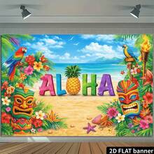 1pc Hawaiian Aloha Beach Party Backdrop Banner, Polyester Material, Colorful Letters Pineapple Parrot Tiki Mask Design, Suitable For Luau Theme Birthday, Pool Beach Party, Summer Event Photo Backdrop - A - View 7