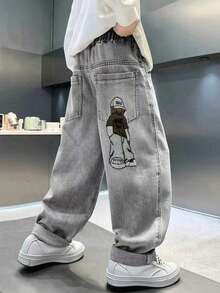Boys' Cartoon Embroidered Straight Leg Denim Jeans - Grey - View 5