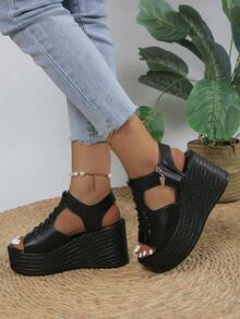 Wide Fit Peep Toe Wedge Heel Women's Sandals, Open Toe High Heel Shoes, Thick Sole Side Zipper Hollow Fashion Versatile Ladies Sandals - Black - View 4