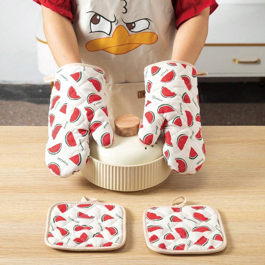 Watermelon Pattern Daily Household Oven Mitts And Pot Holders, Double-Sided Quilted Diamond Grid, Washable, Kitchen Cooking Baking Microwave Heat-Insulating Mitts And Pads, 2-Piece Set, 4-Piece Set