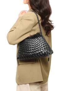 1PC New Women's Shoulder Underarm Crescent Bag, Minimalist Daily Versatile, Solid Color PU Woven Texture, Elegant High-End Quality, Rope Knot Closure Lightweight And Convenient, Suitable For Travel, Shopping, Dating, City Commute, Office And Other Occasions - Black - View 4