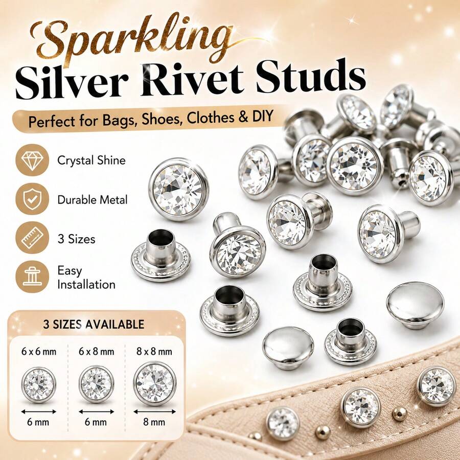 100pcs 0.24"/0.31" Copper Crystal Rhinestone Rivet Studs, Decorative Nail Rivets For Leather Craft, Shoes, Bags & DIY Ornament - A - View 1