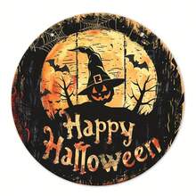 復古鄉村風圓形木製萬聖節吊掛裝飾牌，女巫帽與南瓜設計，Happy Halloween 居家、派對、門口牆面裝飾 - A - 查看 11