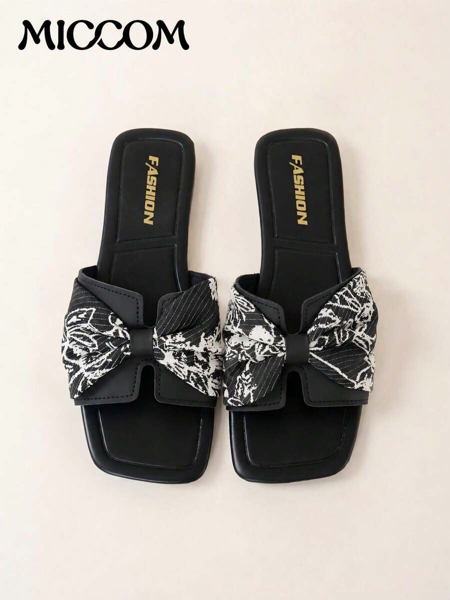 MICCOM Teen Girls Square Toe Flat Sandals Fashion Summer Beach Slides - Black - View 1