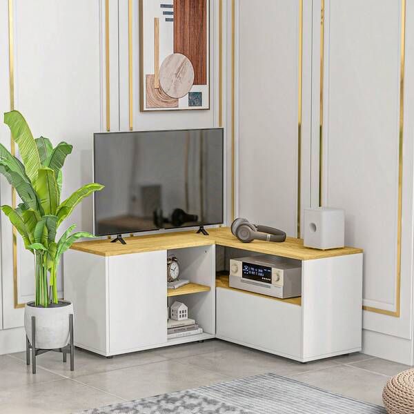 Corner TV Stand, Corner Design, 3 Open Shelves, For TVs Up To 40 Inches, Engineered Wood Media Console, For Living Room, Bedroom And Home Entertainment, White, 90 X 90 X 45 Cm