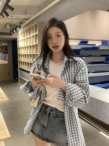 Summer New Vintage Flattering Loose Lazy Versatile Long Sleeve Plaid Shirt Jacket Top (Random Plaid) - Light Grey - View 3