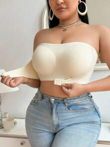 1pc Sexy Front Closure Plus Size Bandeau Bra, Push-Up Side-Support Seamless Strapless Bustier Bra In Apricot - Apricot - View 4