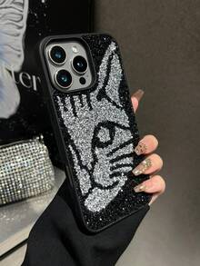 1 pieza Funda de teléfono 2 en 1 con cabeza de gato plateada, tacto de piel, con strass, a prueba de golpes, compatible con 15promax/17promax - Plateado - Ver 6