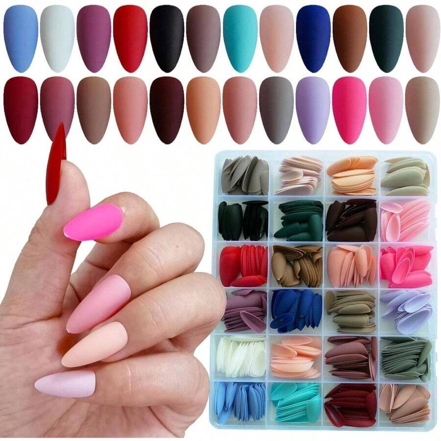 576 piezas de uas cortas a presin, 24 colores acrlicos, uas postizas cuadradas cortas, color slido, cubierta completa, puntas de uas postizas para mujeres y nias, decoraciones de uas - Multicolor - Ver 1
