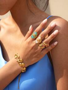 4pcs/2pcs/1pc Ocean Resort Style Women's Jewelry Ring, Blue Crushed Seashell Non-Fading Open Ring, Women's Beach Accessory - Multicolor - View 5
