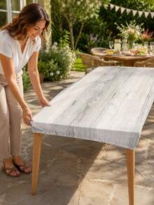 1pc-Whitewashed Wood Grain Round Elastic Fitted Table Cover, Rustic Farmhouse Stretch Polyester Tablecloth With Elastic Edge, Washable Snug Fit Table Cover For Patio Garden Table, Poolside, Picnic, Outdoor Dining - Multicolor - View 10