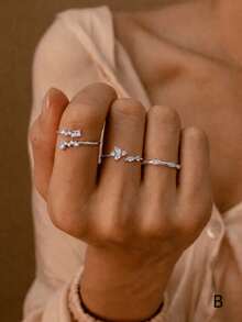 1 Set 3pcs Minimalist Silver/Rose Gold Open Ring Set | CZ Crystal Leaf & Twisted Rope Rings - Stackable Rings, Women & Girls Geometric Rings - Multicolor - View 8