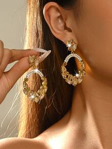 1 par de pendientes de lujo para mujer con diseño geométrico hueco de vidrio, adecuados para boda, fiesta, banquete nocturno, accesorios de vacaciones en la playa - Champán - Ver 2