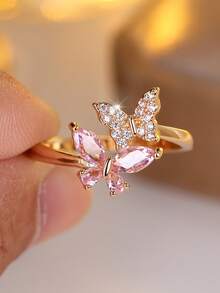 Sparkling Double Butterfly Golden Plated Ring, Adjustable Open Band With Pink & White CZ, Romantic Fairy Jewelry For Women, Perfect For Dating - Golden - View 5