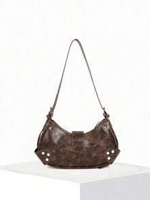 2025 Fashion Hot Y2K Rivet Motorcycle Bag, Vintage European Style Zipper Shoulder Bag, Oil Texture Design, Exquisite Appearance - Coffee - View 6