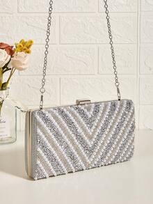 Handmade Evening Clutch/Handbag With Glitter And Rhinestone Embellishments, Party Bag, Cosmetic Bag, Shoulder Bag With Strap, Fashion Handbag - 杏色 - 查看 5