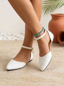 1 Paar spitze Zehen flache geschlossene Zehen Sandalen für Teenager, klassische weiße spitze Zehen Mode vielseitige Schuhe, verstellbares Schnallen-Design mit Strass-Anhänger, geeignet für den täglichen Gebrauch, Urlaub, Einkaufen und Outfit-Kombinationen - Weiss - Übersicht 5