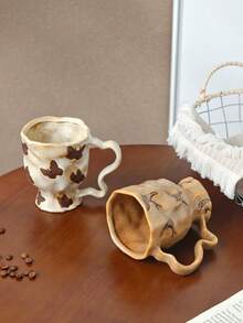 1pc Vintage Kiln-Glazed Handmade Ceramic Mug | Unique Wavy Handle & Butterfly, Swallow Texture | Home, Office, Coffee Time Essential - Multicolor - View 9