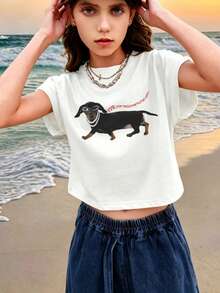 Camiseta de manga corta con estampado personalizado de perro salchicha para niñas jóvenes, cuello redondo y ajuste casual en 100% algodón, perfectamente transpirable y suave para el verano - Blanco - Ver 2