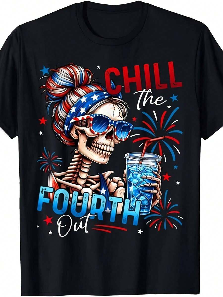 T-shirt humoristique pour le 4 juillet - << Détendez-vous pour le 4 juillet » - T-shirt patriotique à tête de mort - Rouge - Noir - Voir 1