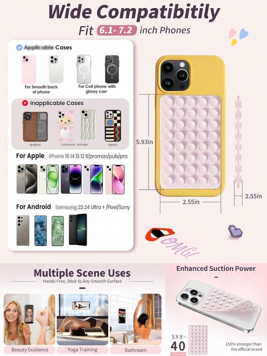 1pc/2pcs Silicone Phone Stand Suction Cup Phone Holder Phone Accessories Octobuddy Sticky Phone Grip Suction Phone Case Double-Sided 40-Piece Waterproof Adhesive Base For Most Phones, Selfie Video Universal Finger Holder, Detachable, Waterproof, 360° Rotating For Various Smooth Walls, Not Suitable For Rough Walls, Compatible With All Phones And Tablets Including Android Phones, Birthday Gift, Phone Stand For Family And Friends, Phone Accessories