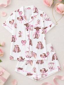 2pcs Women Pajama Set, Western Pattern Print, Ladies Homewear, Spring/Summer Holiday Outfit, Short Sleeve Lapel Top And Shorts Lounge Set - White - View 1