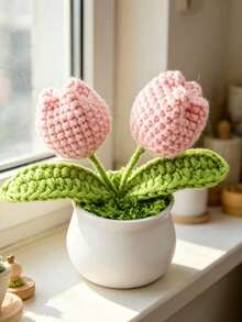 1pc Mini Handmade Crochet Tulip Tabletop Flower Pot, DIY Miniature Potted Plant, Perfect As Gift, Home, Office, Desk, Wedding, Birthday, Holiday, New Year Gift, Suitable For Men Or Women Home Decor, Back To School Room Decor And School Supplies - Pink - View 7