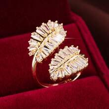 1pc Wide Leaf-Shaped Open Adjustable Design Artificial Zirconia Inlaid Women's Ring - Multicolor - View 9