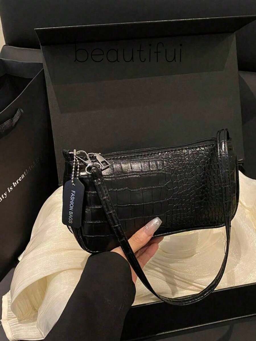 鱷魚壓紋韓系女款手提包,時尚新款單肩包,極簡半月形托特包,上班通勤用 - 黑色 - 查看 1
