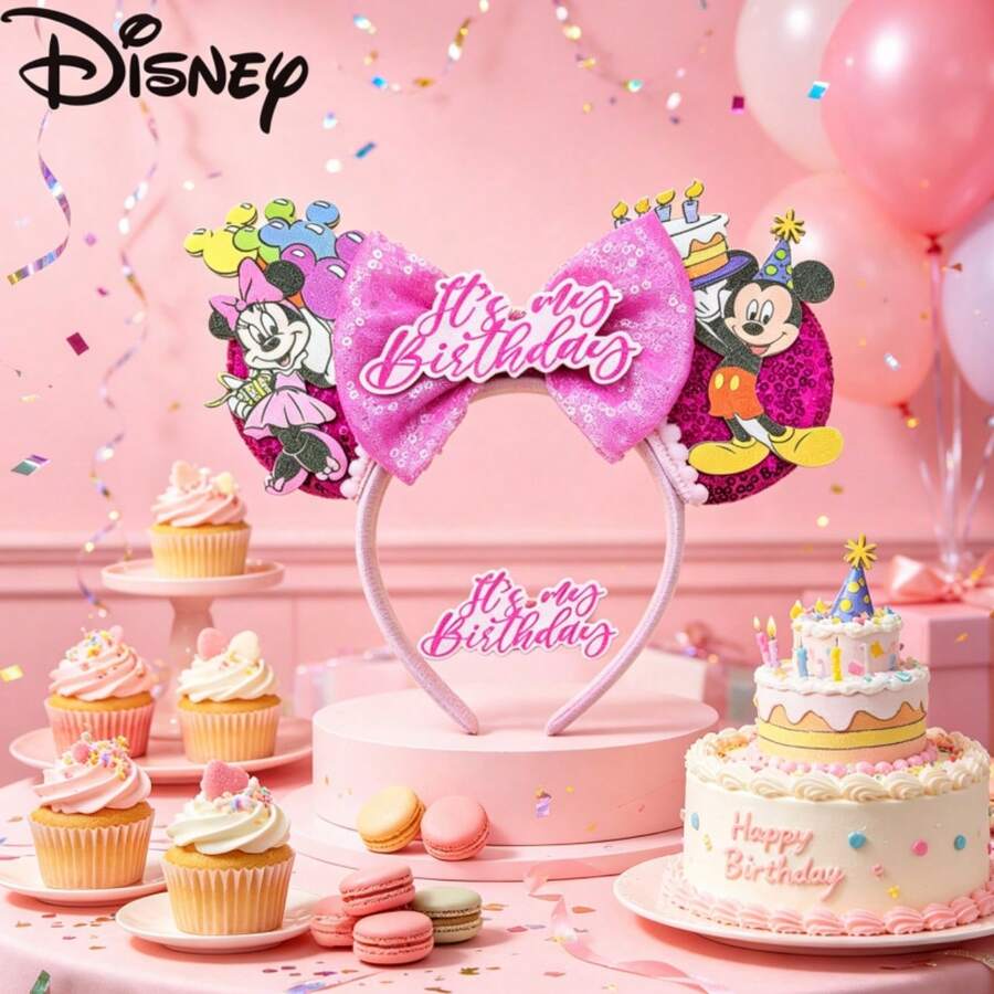 Disney Birthday Limited Edition Glitter Hair Accessory Cartoon Character + Cake Patch Design Travel Check-In Headband - View 1