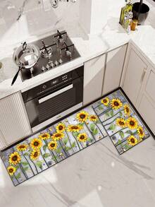 1pc Wood Grain Sunflower Kitchen Rug And Floor Mat, Sunflower Kitchen Mat And Gray Wood Grain Floor Carpet, Can Be Placed In Front Of The Sink, Used For Standing Kitchen Decor - Multicolor - View 7