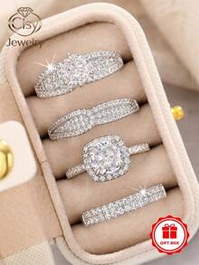 4pcs Cubic Zirconia Stone Rings Set With Gift Box, Suitable For Women, Applicable For Wedding, Engagement, Anniversary Party, Jewelry Valentine's Day Gift - 1# - View 11