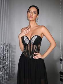 New Sexy Women's Handmade Pearl & Rhinestone Embellished Sheer Mesh Patchwork Off-Shoulder Sleeveless Backless 100-Pleat Maxi Dress - Black - View 3