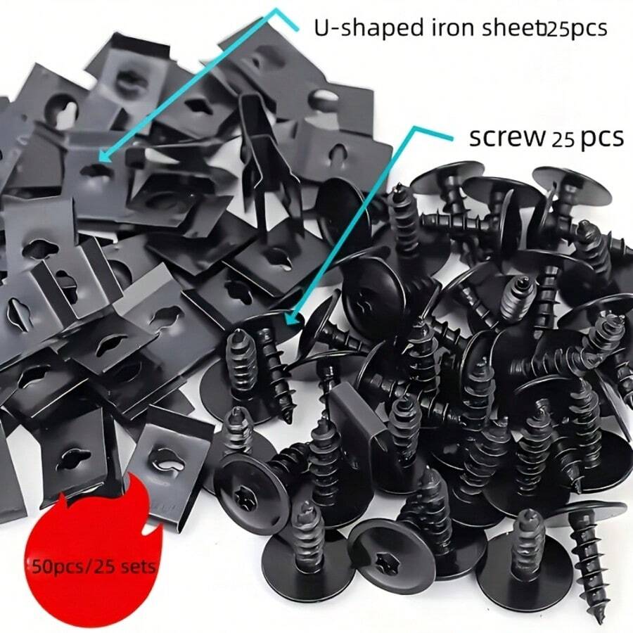 25 Sets U-Shaped Spring Metal Clips With Large Flange Head Self Tapping Screws Kit, Auto Fender Bumper Inner Liner Fastener Retainer Clips For Motorcycle Electric Vehicle Plastic Panel Fixing