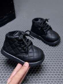 1 Pair Unisex Kids' Thermal Lined Warm Snow Boots, Solid Color Diamond Quilted Outdoor Boots For Autumn/Winter - Black - View 2