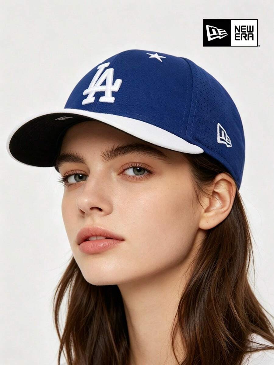 New Era 藍白雙色 LA 星號弧形帽簷棒球帽, 運動老爹帽,適合街頭風與比賽日 - 藍白色 - 查看 1