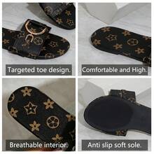 Women's Plus Size Wide Fit Sandals Summer Black Slides With Shiny Buckle Decor Casual Minimalist Style Suitable For Vacation Home Travel Daily Versatile Series - Black - View 3