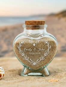 客製化刻字心形玻璃沙瓶，可客製文字與姓名紀念瓶，附軟木塞蓋，4款可選，適合婚禮合沙儀式、海灘婚禮紀念品、訂婚與週年禮物 - 彩色 - 查看 10